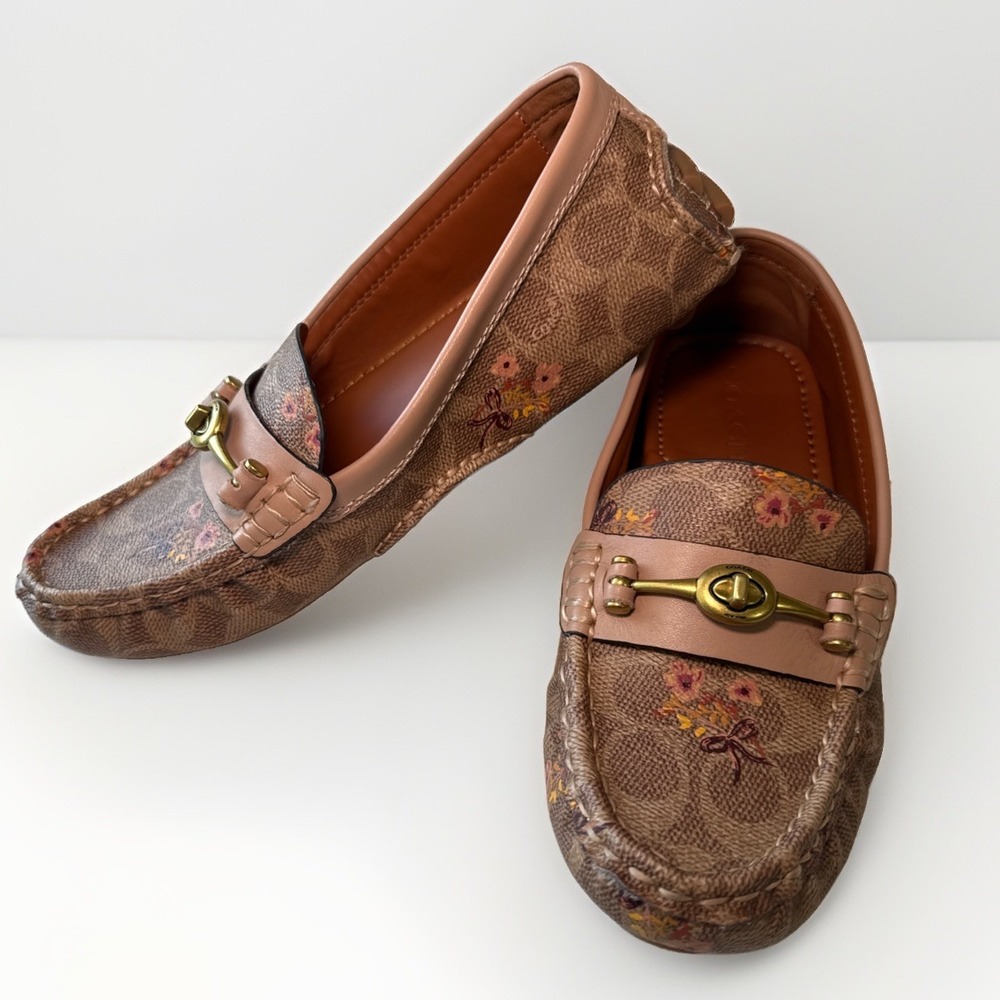 Coach Crosby Turnlock Driver Loafers Signature Canvas Floral Bow Tan Pink 9B